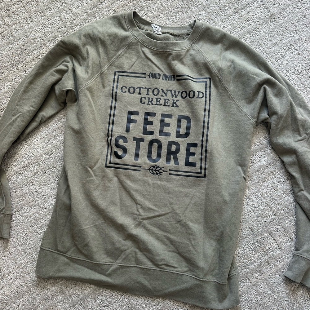 Cottonwood Creek Feed Store Olive Graphic Sweatshirt